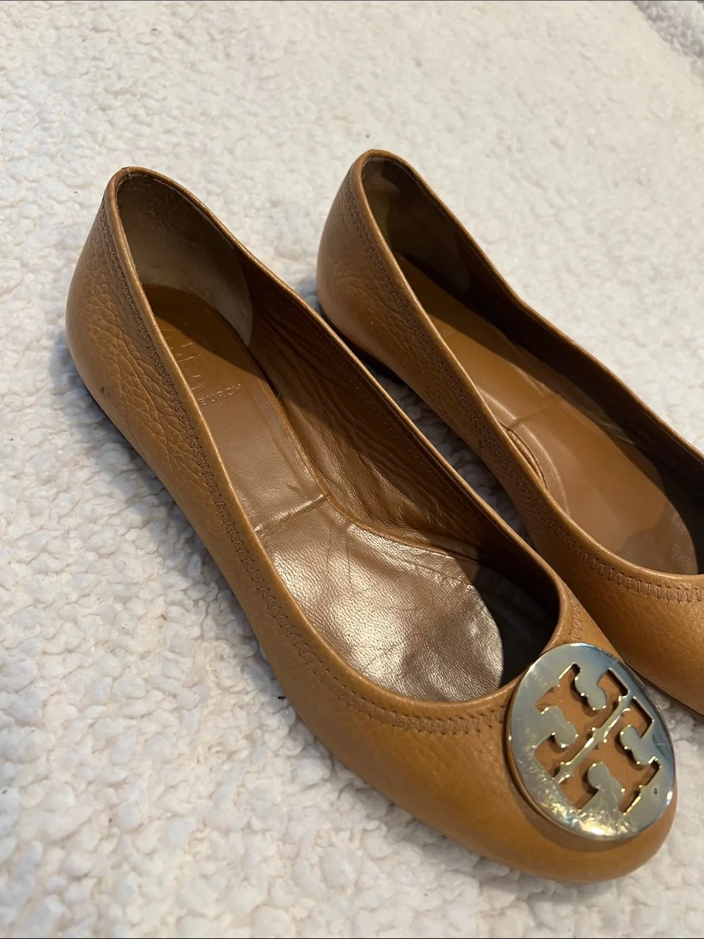 Tory Burch Cognac Leather Logo Round-Toe Flats - Size 7.5